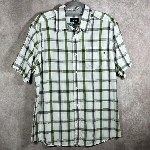 Marmot‎ Shirt Mens Large White Gray Green Plaid Button Up Short Sleeve Outdoor - Picture 1 of 10